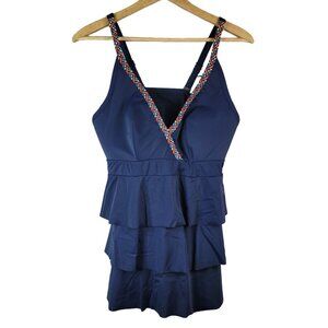Cacique No Wire Swim Tankini Blue Size 14 Braided Strap V Neck Shelf Bra Ruffle